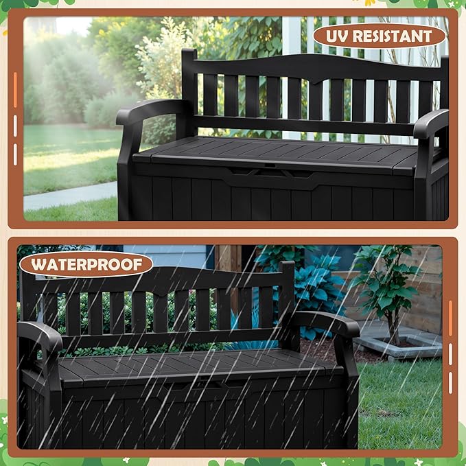 JUMMICO 80 Gallon Resin Outdoor Storage Bench, Large Deck Box with Armrest, Lockable&Waterproof for Garden, Home, Patio, Pools (Black, 80 Gallon)