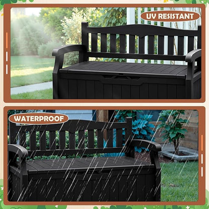 JUMMICO 80 Gallon Resin Outdoor Storage Bench, Large Deck Box with Armrest, Lockable&Waterproof for Garden, Home, Patio, Pools (Black, 80 Gallon)