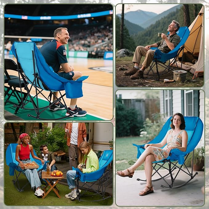 ABORON Oversized Rocking Camping Chair for Adults, Fully Padded Folding Outdoor Lawn Chair with Cooler Bag & Side Pocket, Portable Recliner Chair for Camp, Patio, Backyard, Supports 400 lbs