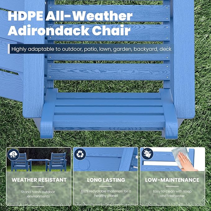 PLUUV Tall Adirondack Chairs Set of 2, All Weather HDPE Poly Bar Height Balcony Adirondack Chair with Removable Double Connecting Trays, Outdoor Adirondack Barstools for Deck, Patio, Yard, Pool, Lawn