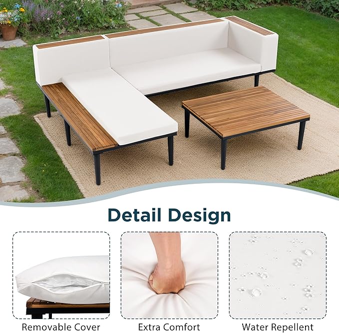 Modern Acacia Wood Patio Furniture Set with Removable Cushions, Coffee Table and Side Table - Photo 4