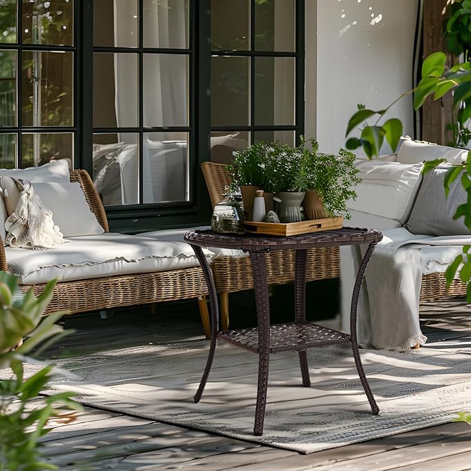 Outdoor Patio Side Table Small Brown Wicker Rattan End Table for Outside Storage Coffee Table with Poly Lumber Table - Photo 3
