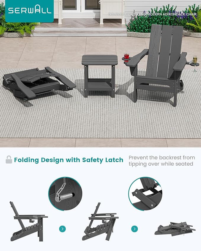 SERWALL Modern Folding Adirondack Chair Set 4, Outdoor, Relaxing, Grey, Polyethylene, Wood Finish, Arm Rest, Cup Holders - Photo 4