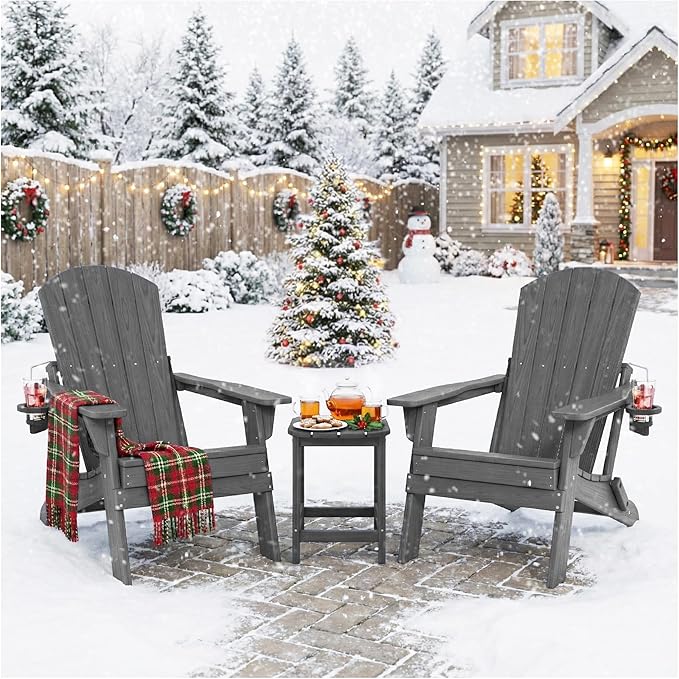 Folding Adirondack Chair Set of 2 with Cup Holder, HDPE All Weather Resistant Plastic Outdoor Patio Chairs, Heavy Duty Fire Pit Seating for Backyard Lawn Garden, Wooden Textured Design(Grey)