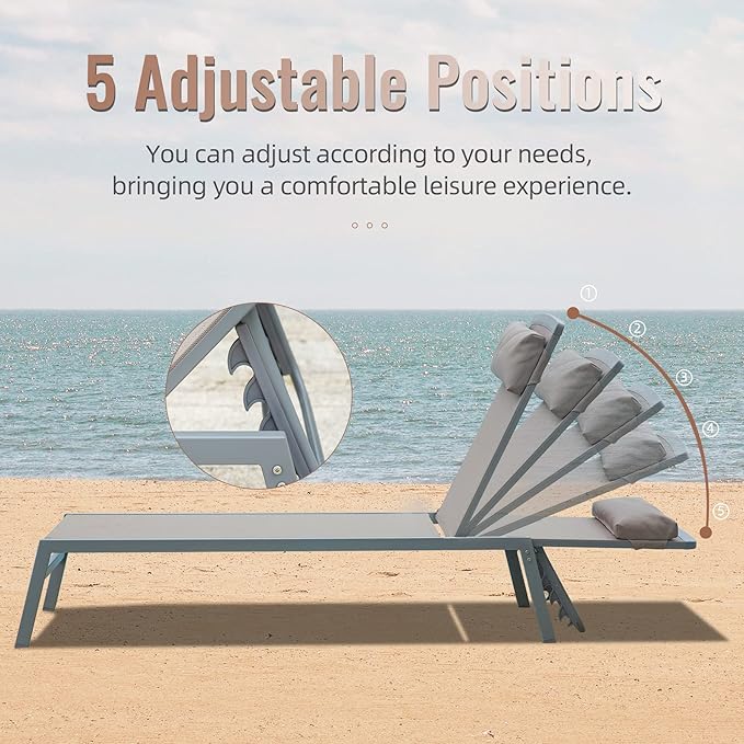 Domi Patio Chaise Lounge Set of 3, Aluminum Lounge Chairs with 5 Adjustable Positions, Outdoor Chaise Lounge for Pool, Deck, Garden, Backyard, Sunbathing, Khaki