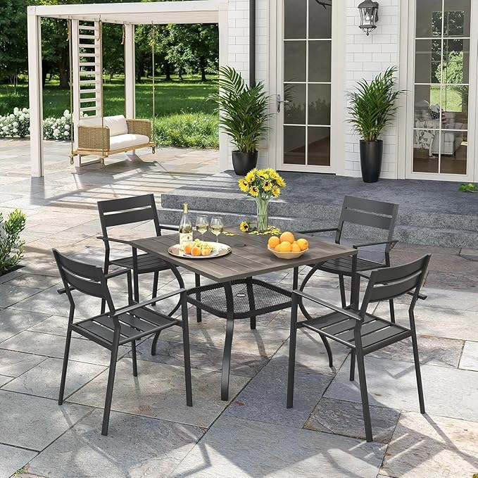 VICLLAX Outdoor Patio Dining Table for 4, Square Metal Table with Umbrella Hole and Storage Shelf for Garden, Lawn, Balcony, Deck, Grey