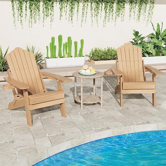 Giantex Folding Adirondack Chair, All-Weather Lounge Chair with Adjustable Backrest, Retractable Ottoman, Cup Holder, HIPS Fire Pit Chair for Lawn, Pool, Patio, Porch (2, Brown)