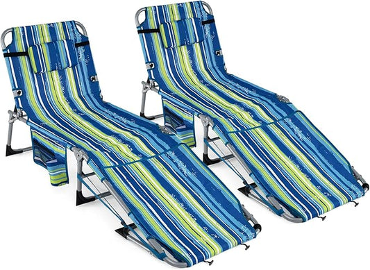 COSTWAY Tanning Chair with Face Hole, Folding Sun Bathing Lounge Chair with Armrest, Side Pocket & Protective Flap, Face Down Layout Chair for Beach, Patio, Pool, Outside (2, Blue+Green)