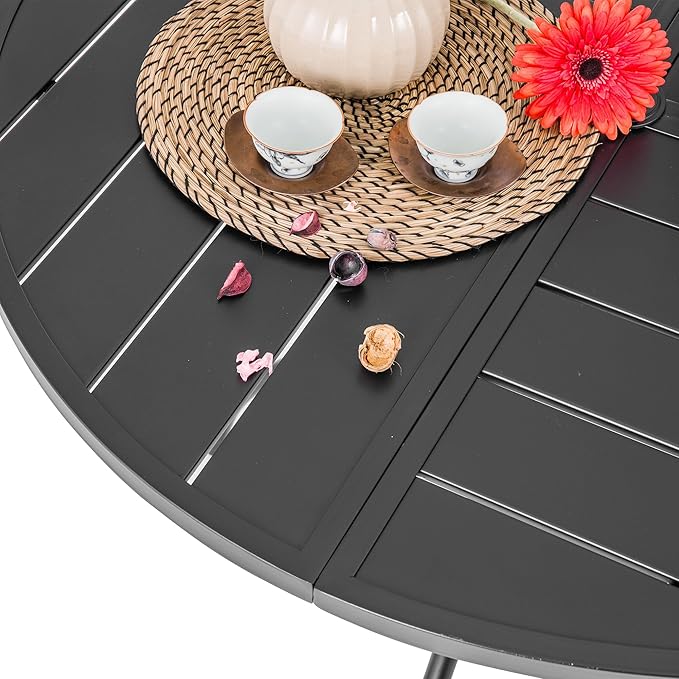 Sour Citrus Round Outdoor Metal Patio Dining Table with Umbrella Hole, Weather-Resistant Table for Poolside, Garden, Backyard, Lawn and Deck, Black