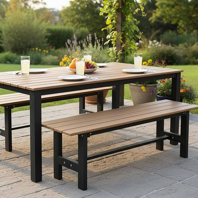Tangkula 47 Inch HDPE Outdoor Bench Backless, Patio Garden Dining Bench with Slatted Seat & Heavy-duty Metal Frame, 660 LBS Capacity, Weatherproof Outside Bench for Park, Yard, Entryway & Porch, Brown