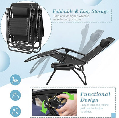 Flamaker Patio Zero Gravity Chair Outdoor Folding Lounge Chair Recliners Adjustable Lawn Lounge Chair with Pillow for Poolside, Yard and Camping (Black)