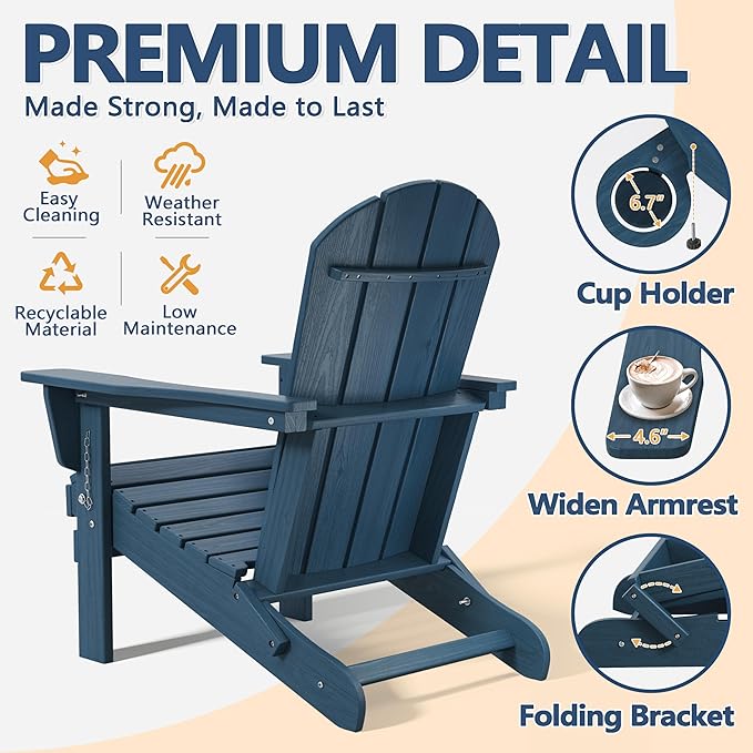 Outdoor Folding Adirondack Chair Set of 2 for Patio Fire Pit, Wooden Textured HDPE Adjustable Chairs with Cup Holder, Waterproof All Weather Resistant Plastic for Pool Lawn Garden Backyard(NavyBlue)