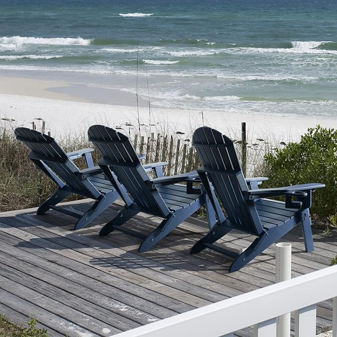 FUNBERRY Folding Adirondack Chair with Adjustable Backrest, HDPE All Weather Fire Pit Chairs with Cup Holder