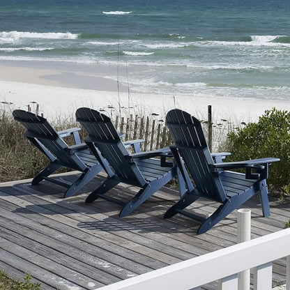 FUNBERRY Folding Adirondack Chair with Adjustable Backrest, HDPE All Weather Fire Pit Chairs with Cup Holder