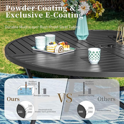 54" Patio Dining Table for 6, Round Patio Table with Umbrella Hole,E-Coating and Powder Coating Steel Frame Metal Outdoor Patio Table for Garden Backyard Lawn Yard
