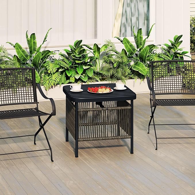 HAPPYGRILL Outdoor Side Table with Umbrella Hole 1.57”, Square Rattan Wicker Coffee Bistro End Table Umbrella Stand, for Backyard Poolside Garden (2)
