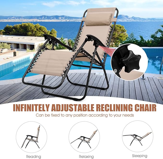 Goplus Zero Gravity Chair Set, 3 Pieces Outdoor Lounge Chair Recliners w/Side Table, Headrest and Cup Holders - Photo 5