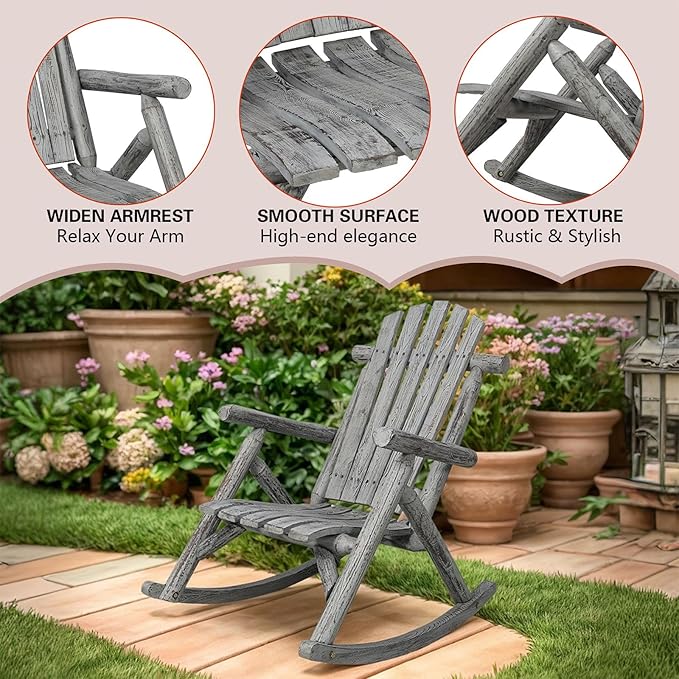 Wooden Rocking Chair Outdoor, Ergonomic High Back Patio Rocking Chairs, Porch Rocker for Backyard/Lawn/Patio/Garden/Balcony/FirePit/Indoor (Light Gray)