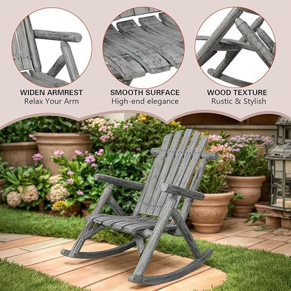 Wooden Rocking Chair Outdoor, Ergonomic High Back Patio Rocking Chairs, Porch Rocker for Backyard/Lawn/Patio/Garden/Balcony/FirePit/Indoor (Light Gray)