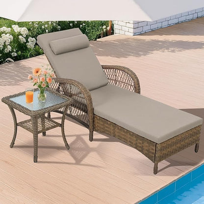 HOMEDIARY Outdoor Wicker Lounge Chair Set, 6-Position Adjustable Patio Chaise Lounge w/Side Table, All Weather Lay Flat Pool Sunbathing Recliner, Armrest & Head Pillow, Fade-Resistant, Beige