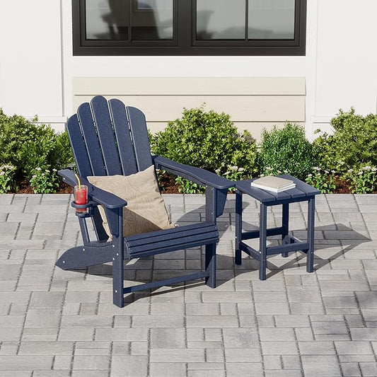 Costaelm Lakeview Outdoor Patio HDPE Adirondack Chair with Cup Holder and Table Set, Navy Blue