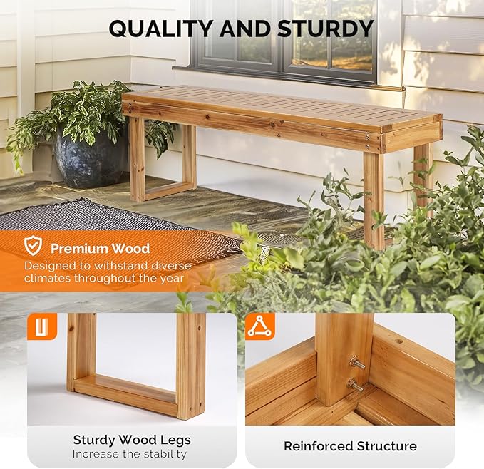VINGLI Outdoor Wooden Bench Porch Bench, Wood Patio Garden Bench Weatherproof Outdoor Backless Bench for Backyard, Poolside, Entryway (Light Carbonized)