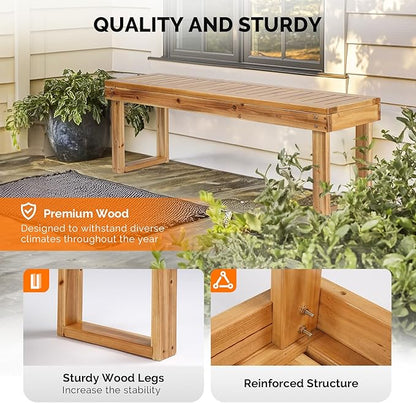 VINGLI Outdoor Wooden Bench Porch Bench, Wood Patio Garden Bench Weatherproof Outdoor Backless Bench for Backyard, Poolside, Entryway (Light Carbonized)
