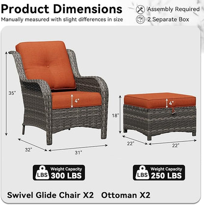 4 Piece Outdoor Wicker Patio Furniture Set, Patio Chairs Set with Thickened Olefin Cushions, High Back and Deep Seating, Hand-Woven PE Rattan, Ottoman for Porch, Deck, Orange