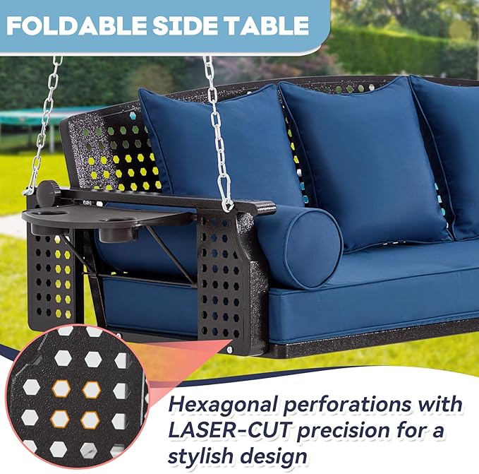 3 Seat Porch Swing, Patio Swing Bench with Cup Holders & 3 Back Cushions - Photo 5