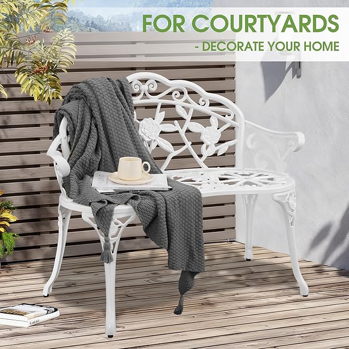 Outdoor Bench, Cast Aluminum Double Seating with Backrest and Armrests, Mental Outdoor Furniture for Patio, Porch, Garden, Park, White Rose