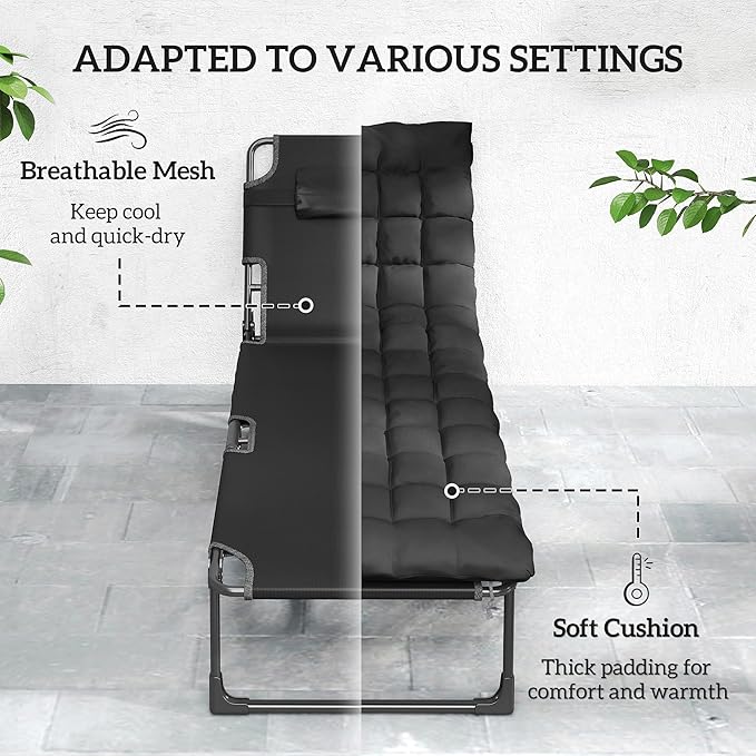 Outsunny Chaise Lounge Chair Outdoor Set of 2, 5-Position Reclining Pool Lounge Chairs with Cushions, Side Pocket, Headrest, Folding Lounger Tanning Chair Camping Cot for Patio, Beach, Black