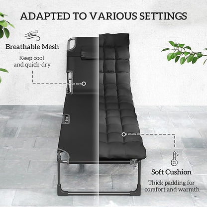 Outsunny Chaise Lounge Chair Outdoor Set of 2, 5-Position Reclining Pool Lounge Chairs with Cushions, Side Pocket, Headrest, Folding Lounger Tanning Chair Camping Cot for Patio, Beach, Black