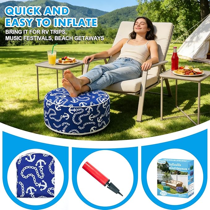 AURASUN Inflatable Patio Ottoman Pouf - Portable Stool with Handle D20” x H10” - Air Pump Included for Outdoor Indoor Use - Comfortable Foot Rest or Seating for Garden Camping or Home (Navy Blue)