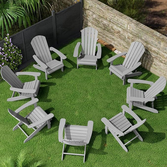 YEFU Adirondack Chairs Set of 8: Plastic Adirondack Chairs - Patio Chairs with Wood Texture - Outdoor Chair HIPS - Lawn Fire Pit Deck Porch Garden Chairs for Adults(Grey)