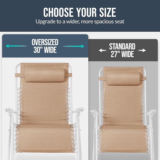Best Choice Products Set of 2 Extra Wide Adjustable Steel Mesh Zero Gravity Lounge Chair Recliners w/Pillows and Cup Holder Trays - Sand/White
