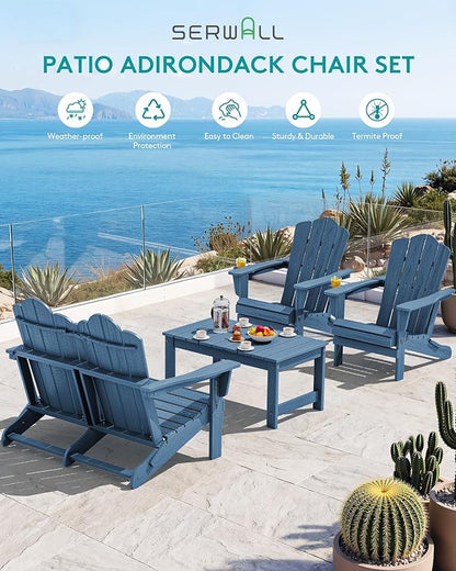 SERWALL 4 Pieces HDPE Patio Adirondack Chair Set, 2 Adirondack Chair with Cup Holder & 1 Adirondack Bench & 1 Coffee Table with Umbrella Hole, Navy