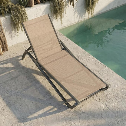 Outdoor Chaise Lounge Chair, 5-Position Adjustable Patio Lounge Chair with Ergonomic Aluminum Frame, Textilene Fabric Pool Loung Chairs for Poolside, Deck, Backyard (Khaki)