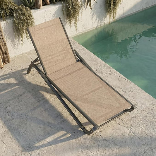 Outdoor Chaise Lounge Chair, 5-Position Adjustable Patio Lounge Chair with Ergonomic Aluminum Frame, Textilene Fabric Pool Loung Chairs for Poolside, Deck, Backyard (Khaki)