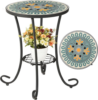 Side Table Outdoor, Mosaic Patio Table with Planter Stand, 22" H Iron Coffee End Table, Weather-Resistant Tile Top Metal Drink Bar Table for Indoor Garden Balcony Yard Bistro