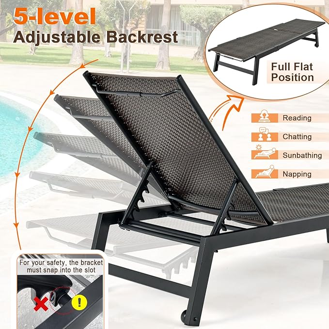 Giantex Patio Chaise Lounge Chair - Outdoor PE Rattan Recliner Chair with Wheels, 5-Position Adjustable Backrest - Photo 5