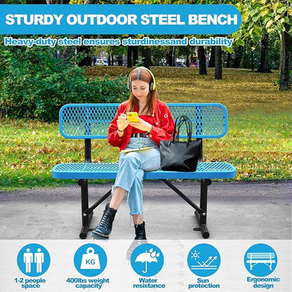 4Ft Outdoor Bench with Blue Portable Frame, Outdoor Steel Park Bench with Backrest, Expanded Metal Mesh Bench for Outside, Lawn, Backyard, Park, Deck, Garden, Patio, Porch, Blue