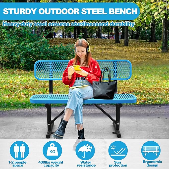 4Ft Outdoor Bench with Back Portable Frame, Outdoor Steel Park Bench with Backrest, Expanded Metal Mesh Bench for Outside, Lawn, Backyard, Park, Garden, Patio, Porch, Bule