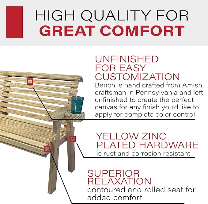 Amish Casual Heavy Duty Pressure Treated 4 Foot Outdoor Garden Bench with Cup Holders - Amish Crafted Roll Back Design in Unfinished, 700 Lb Weight Capacity
