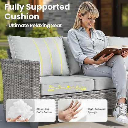 ovios Patio Furniture Set, 7 Pieces Outdoor Wicker Sofa Couch with Swivel Rocking Chairs Loveseat Comfy Cushions Rattan Conversation Set for Backyard Deck, Grey