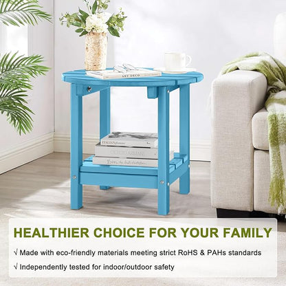 Adirondack Outdoor Side Tables, 2-Tier Round Outdoor Table, Weather Resistant HDPE Patio End Table for Garden, Lawn, Pool, Beach, Porch, Deck, Backyard - Turquoise