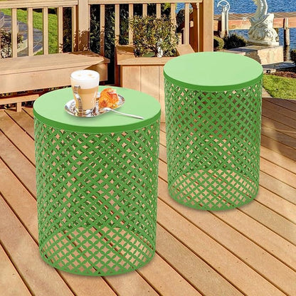 2PCS Outdoor Side Table, Heavy Duty Metal Frame Side Table Decorative Garden Stool Modern End Table Round Coffee Table for Patio Gardens Balconies Cafes (Green)