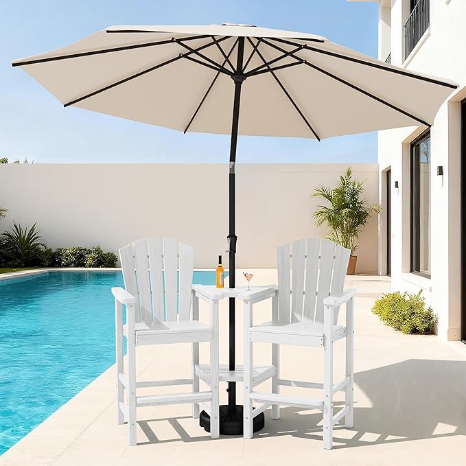 KINGYES Tall Adirondack Chair Set of 2 with 9FT Umbrella, All Weather HDPE Bar Height Adirondack Chair with Double Connecting Trays, Outdoor Adirondack Barstools, High Airondack Chair, White