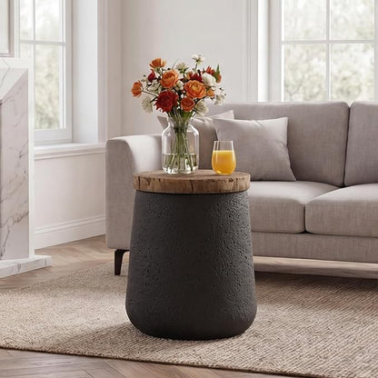 SUNBURY Small Outdoor Side Table, 13" W Black Outdoor End Tables for Patio, Accent Side Table, Garden Stool Wooden-Look Top Concrete for Livingroom Bedroom, Garden, Backyard