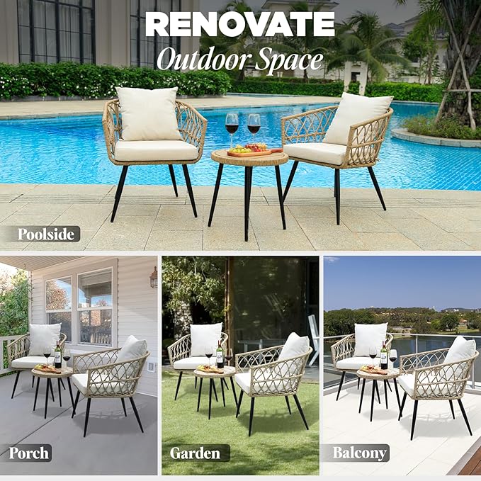 Idzo Heavy Duty 500lbs Weight Capacity Wicker Bistro Table and Chairs Set of 2 with Premium Olefin Fabric Soft Cushions - Photo 7