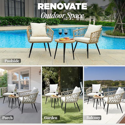 Idzo Heavy Duty 500lbs Weight Capacity Wicker Bistro Table and Chairs Set of 2 with Premium Olefin Fabric Soft Cushions